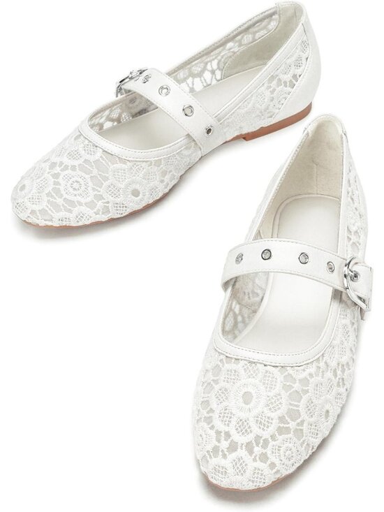 Women\'s Lace White Round Toe Flat With Buckle Comfortable Adjustable Strap Shoes